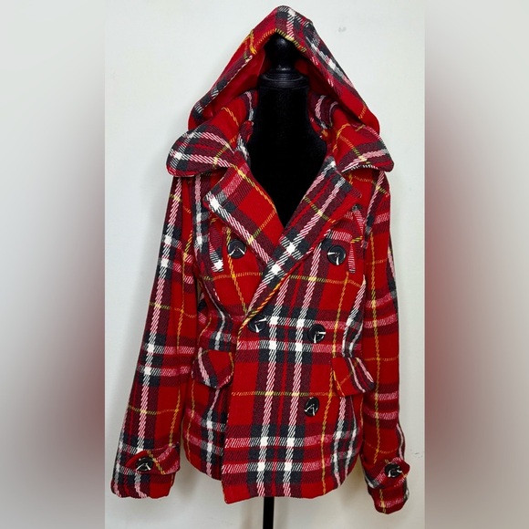 Body Central wool blend red plaid Fall Winter holiday coat button front Large - Picture 7 of 12